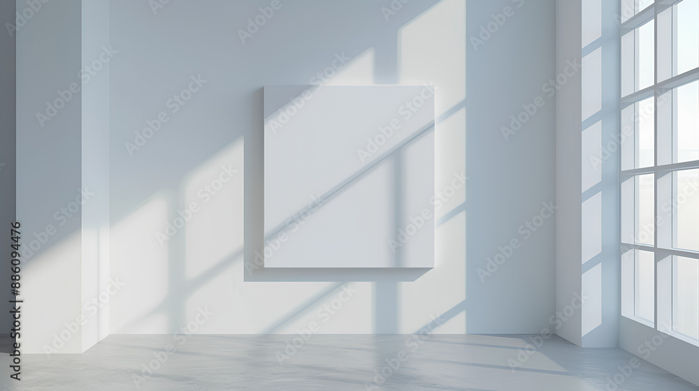 Fototapeta premium Empty white canvas on a wall in a bright gallery space with minimalist design, concept of modern art exhibition. 3D Rendering Stock Illustration