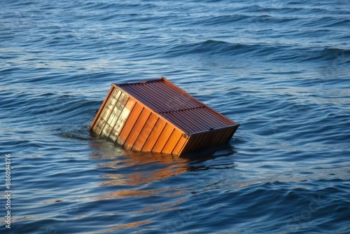 cargo container sink on sea. Maritime transport accident photo