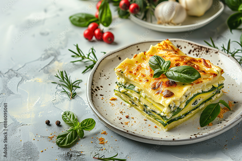 commercial photography: a zucchini lasagne, lots of copy space, commercial photography: a zucchini lasagne, lots of copy space,