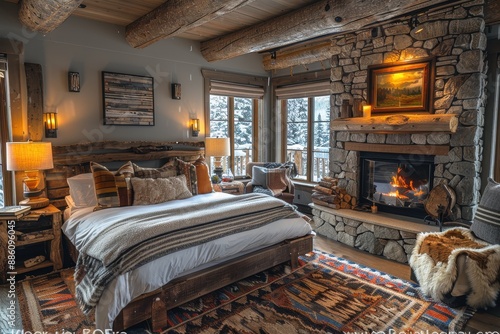 Hotel Room With Rustic Cabin: Wooden beams, stone fireplace, and cozy furnishings.