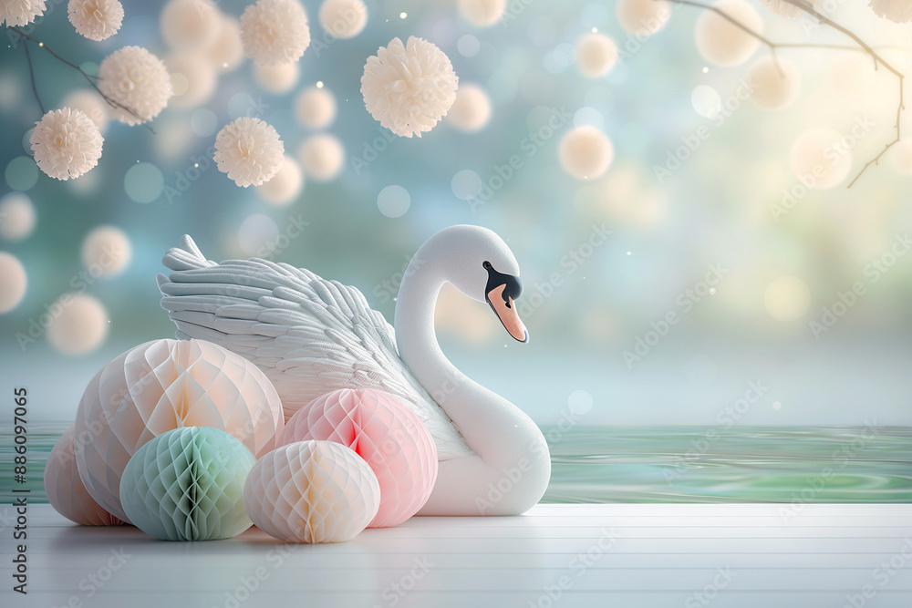 Obraz premium Abstract illustration of a white swan on a fantasy lake. Fantasy wallpaper idea for girl's bedroom. Pastel colors.