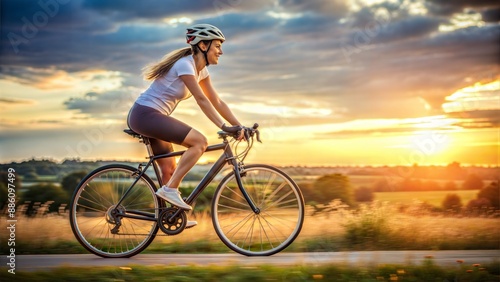 side view healthy happy young Caucasian lady bicycle countryside daylight natural blond black hair exercise speed sunset