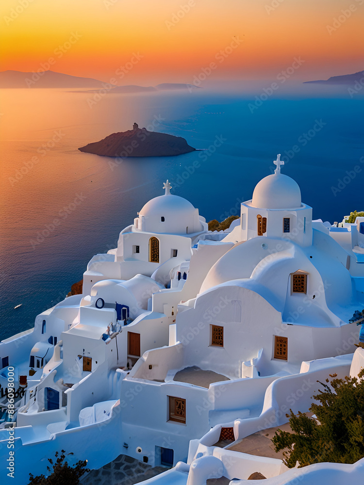 Obraz premium 그리스 지중해 산토리니 섬 경관, a view of the Greek Mediterranean island of Santorini