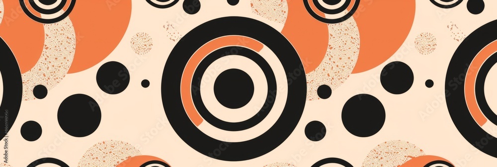 Abstract black and orange circles on cream background. Various sizes and styles create a modern aesthetic in a pattern Abstract black and orange circles on cream background. Various sizes and styles create a modern aesthetic in a pattern