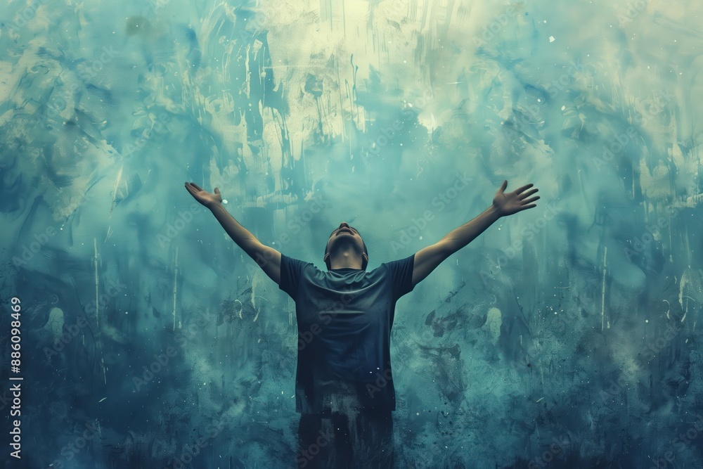 custom made wallpaper toronto digitalMan stands in front of blue, white painted wall with arms raised to sky. Wears black t-shirt, joyful expression. Grunge style background adds unique texture. Perfect for worship spiritual themes.