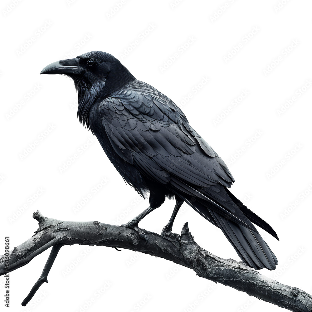 Fototapeta premium Crow on Branch for Horror Movie Isolated on Transparent or White Background, PNG