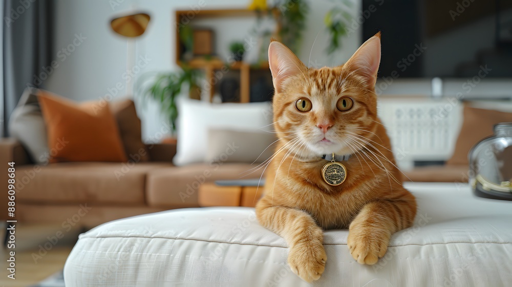 a young ginger cat wearing a cloisonne necklace sitting on a white pillow in a modern living room a young ginger cat wearing a cloisonne necklace sitting on a white pillow in a modern living room