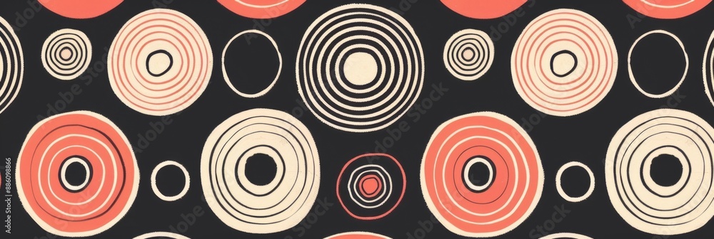 A pattern of concentric circles in white and peach against a black background A pattern of concentric circles in white and peach against a black background