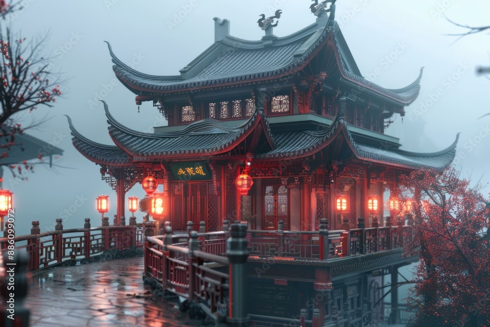 Mystical and serene scene of a traditional chinese pagoda building standing on water in a misty forest Mystical and serene scene of a traditional chinese pagoda building standing on water in a misty forest