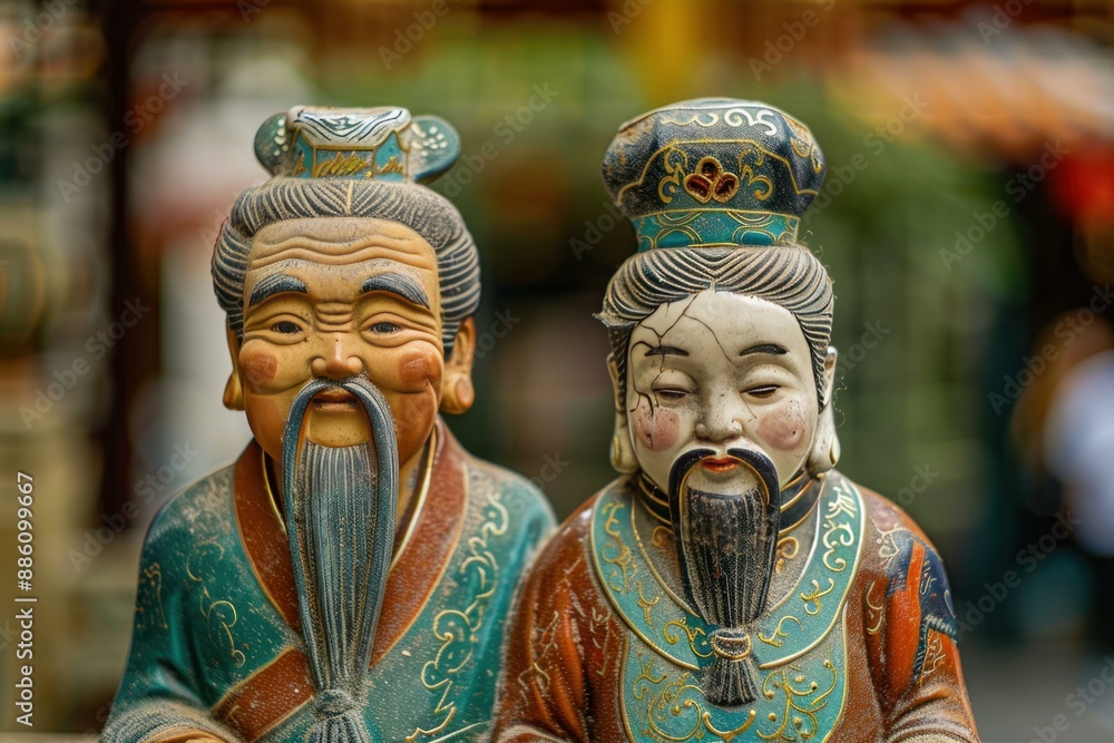 Traditional chinese guardian lions statues representing wealth and prosperity guarding the entrance of a temple Traditional chinese guardian lions statues representing wealth and prosperity guarding the entrance of a temple