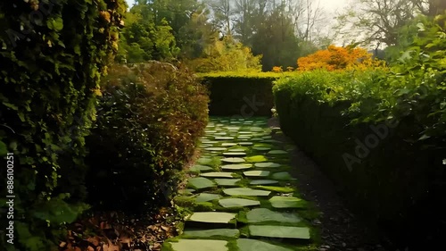 Serene Garden Path with Orange Flowers and Green Hedges