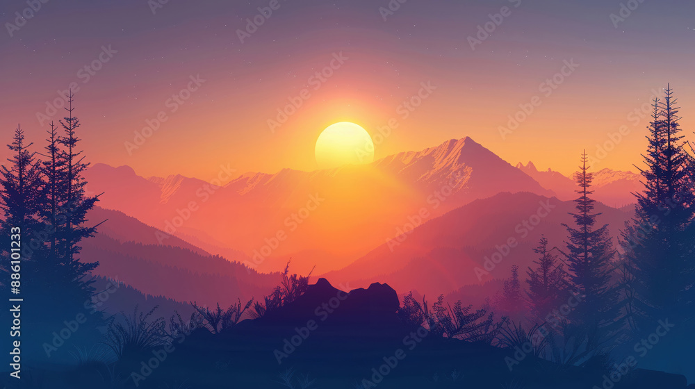 Family Hiking at Sunset in Mountain Landscape with Silhouetted Trees and Vibrant Sky Family Hiking at Sunset in Mountain Landscape with Silhouetted Trees and Vibrant Sky