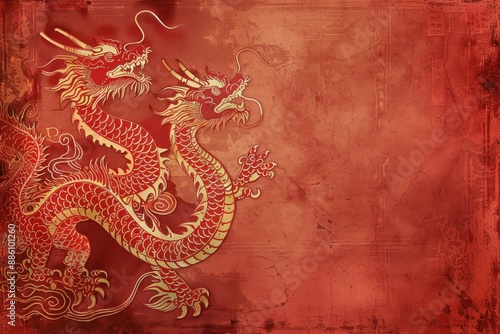 Two golden chinese dragons prowling on a red textured background with copy space