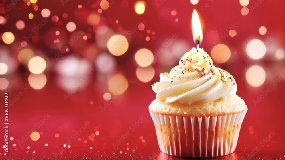 delicious vanilla cupcake with icing and burning candle isolated on red background animation - 4k new quality stock video footage AI delicious vanilla cupcake with icing and burning candle isolated on red background animation - 4k new quality stock video footage AI