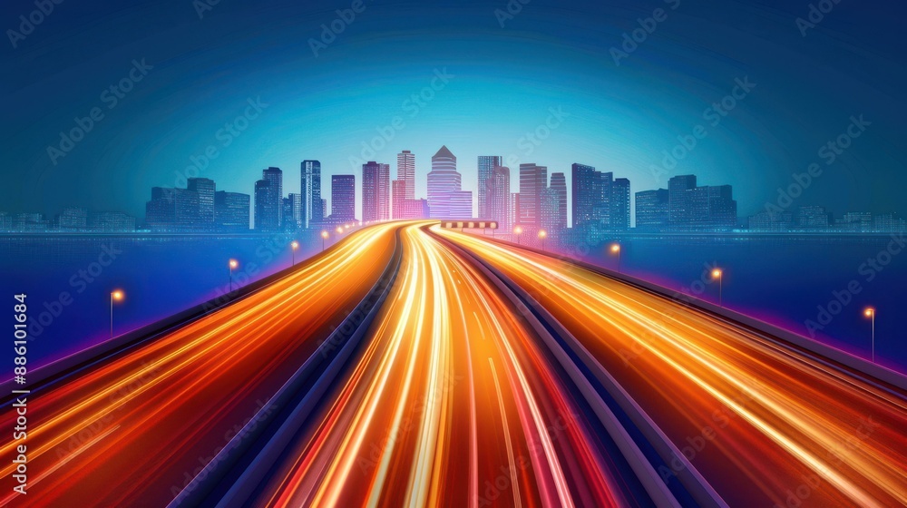 Fototapeta premium Vibrant cityscape featuring cars headlamp trails and colored lines on the road at night.