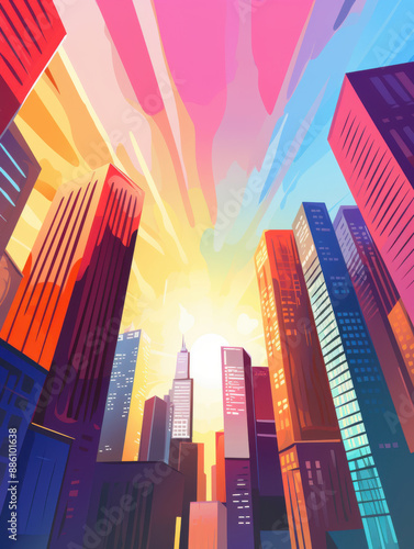 Flat-style cityscape illustration from a low-angle perspective