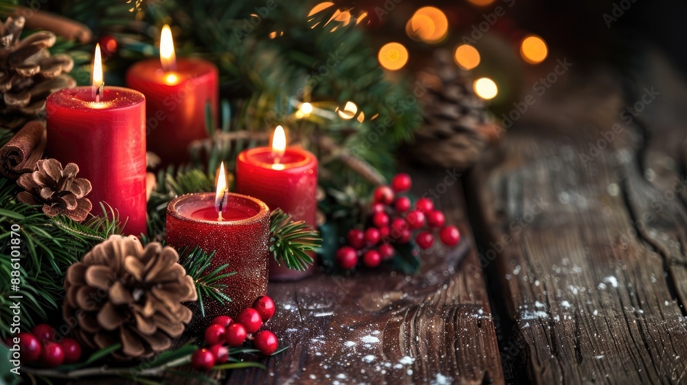Lit red candles, pine cones, holly berries, and evergreen branches create festive winter holiday scene Lit red candles, pine cones, holly berries, and evergreen branches create festive winter holiday scene