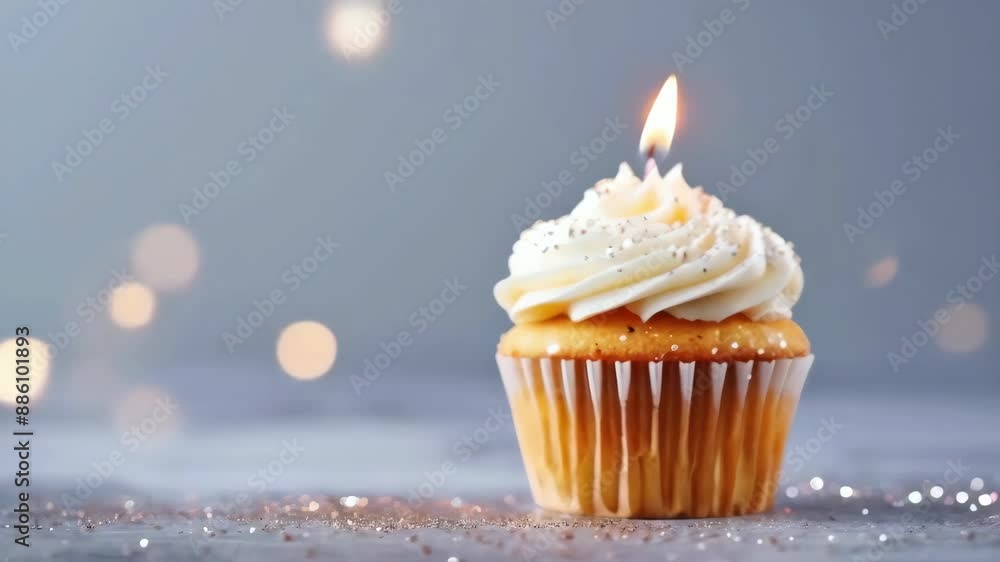 delicious vanilla cupcake with icing and burning candle isolated on grey background animation - 4k new quality stock video footage AI delicious vanilla cupcake with icing and burning candle isolated on grey background animation - 4k new quality stock video footage AI