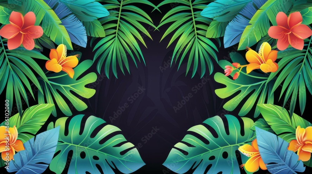 Naklejka premium Dark jungle mural art with exotic tropical night theme, featuring palm trees, wild animals, and birds on a black background.