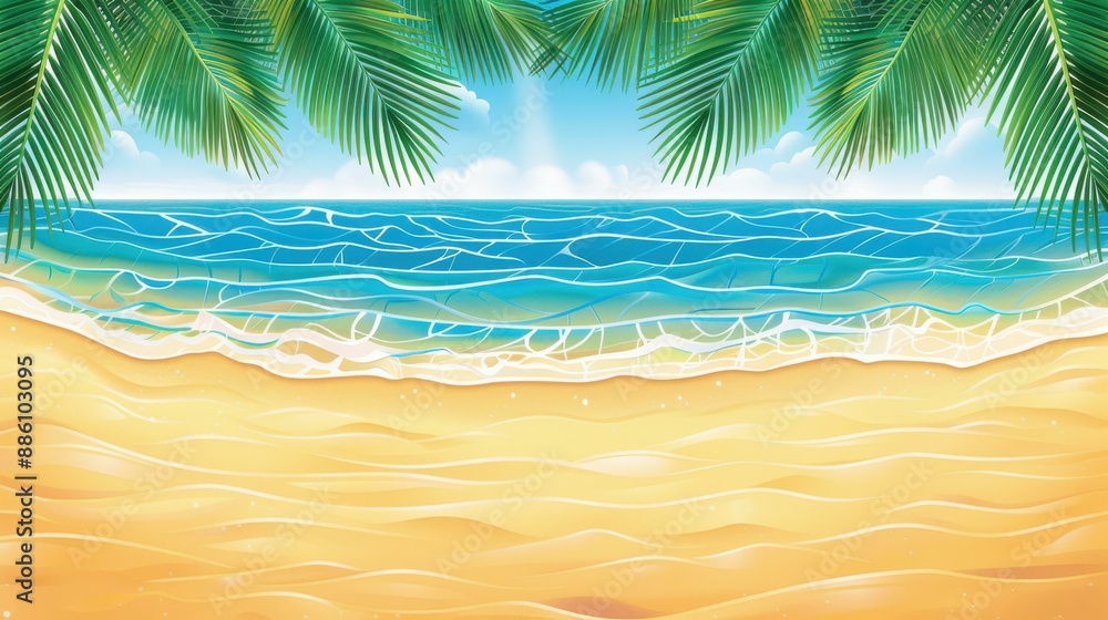 Detailed illustration of a serene beach setting with palm trees and ocean waves under a clear sky. Detailed illustration of a serene beach setting with palm trees and ocean waves under a clear sky.