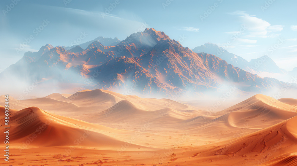 Tranquil desert landscape with harmonious views of blue skies, white clouds, and red-yellow sand dunes Tranquil desert landscape with harmonious views of blue skies, white clouds, and red-yellow sand dunes