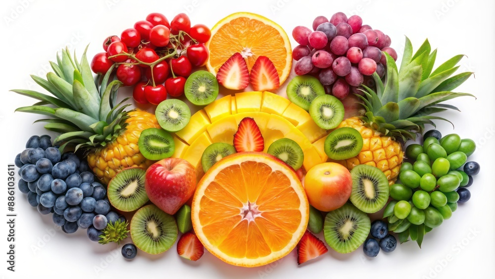 Vibrant assortment of fresh fruits arranged in a rainbow pattern, featuring oranges, kiwis, grapes, strawberries, and pineapple slices. Vibrant assortment of fresh fruits arranged in a rainbow pattern, featuring oranges, kiwis, grapes, strawberries, and pineapple slices.