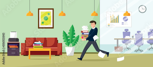 Office worker carries a lot of papers in his office. Hurry concept. Vector illustration.