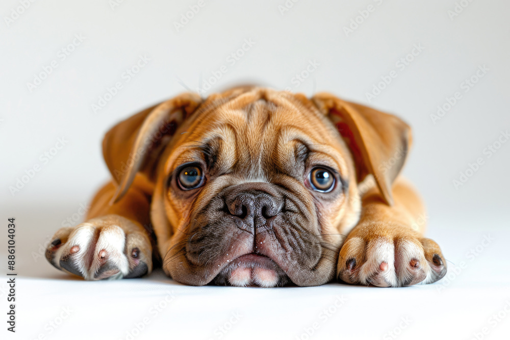 Fototapeta premium A bulldog is lying down with a white background