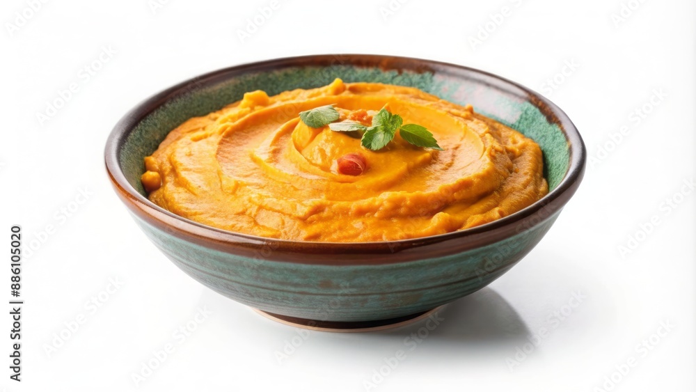Vibrant orange pumpkin hummus in a modern ceramic bowl isolated on a clean white background with ample copy space.