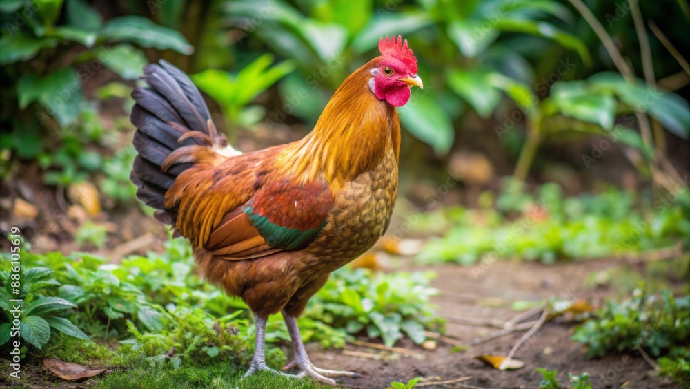 A solitary brown hen standing proudly on a rustic wooden fence, surrounded by lush greenery and vibrant wildflowers landscape. A solitary brown hen standing proudly on a rustic wooden fence, surrounded by lush greenery and vibrant wildflowers landscape.