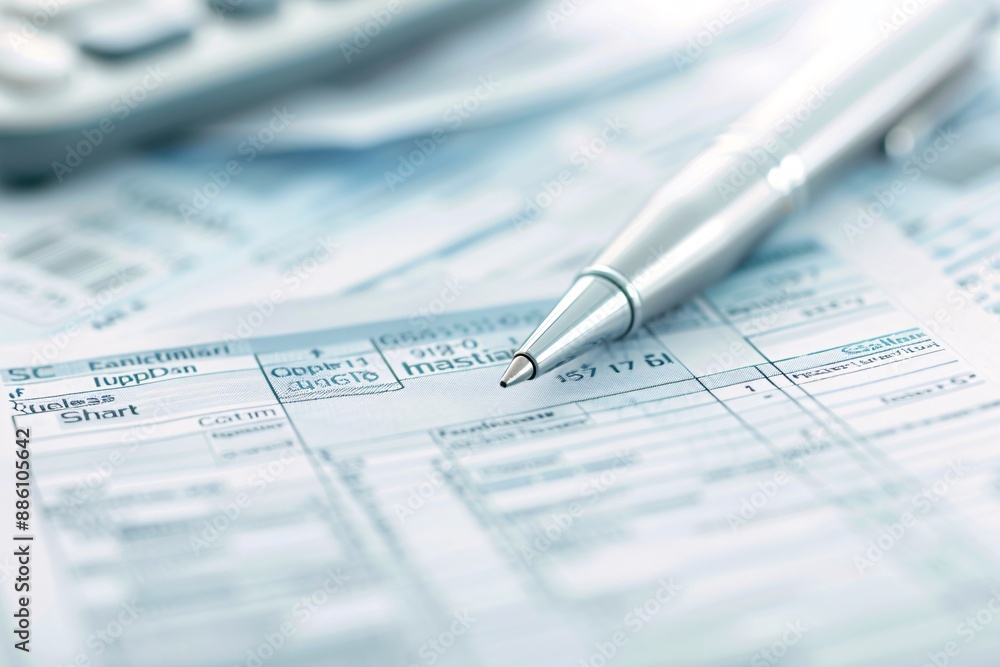 A tax advisor's pen pointing at specific figures on a tax form during a consultation, with ample copy space around. A tax advisor's pen pointing at specific figures on a tax form during a consultation, with ample copy space around.
