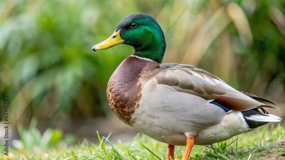 A serene white background prominently features a solitary duck with vibrant green head and yellow bill in sharp focus. A serene white background prominently features a solitary duck with vibrant green head and yellow bill in sharp focus.