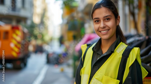 Beautiful female sanitation worker smiling warmly in work uniform, clean street background, showcasing dedication to environment cleanliness, urban hygiene, and community service, waist up photo