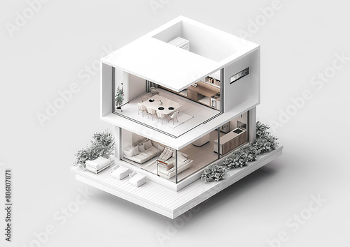 3D isometric tiny loft-style house mockup, minimalist design, white background, contemporary look