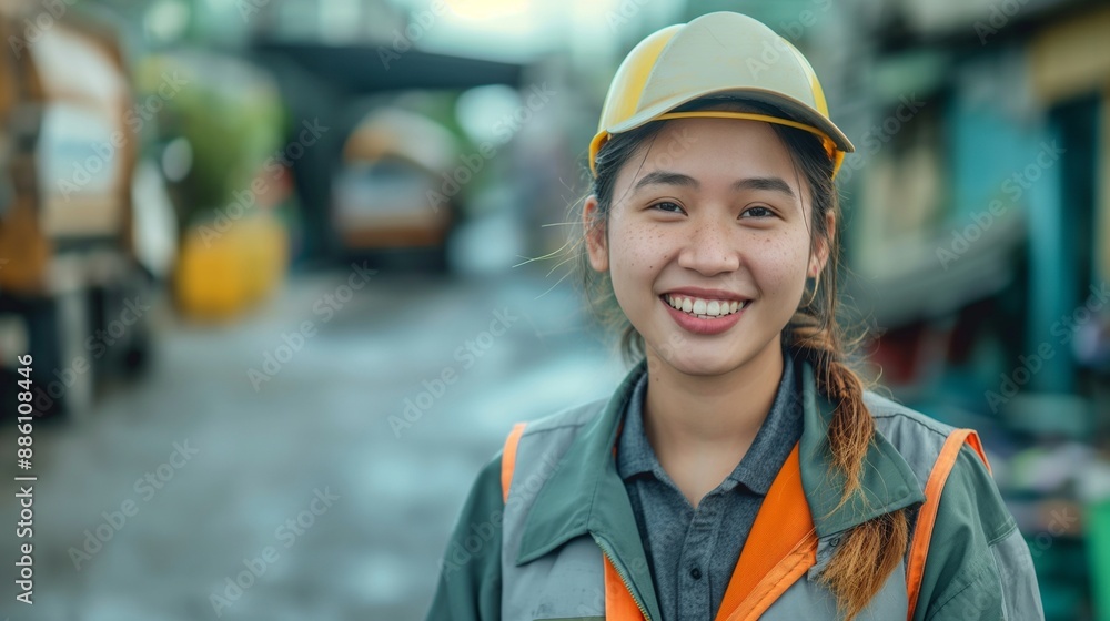 Female sanitation worker in uniform smiling warmly, clean street background, demonstrating her dedication to urban cleanliness, public sanitation, and environmental care, waist up photo Female sanitation worker in uniform smiling warmly, clean street background, demonstrating her dedication to urban cleanliness, public sanitation, and environmental care, waist up photo