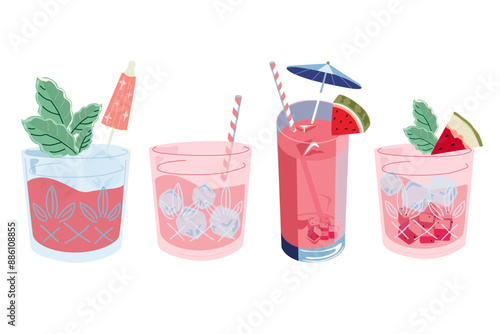 Summer cold cocktails. A set of ingredients for fruit cocktails. Watermelon cold alcoholic and non-alcoholic drinks. World watermelon day