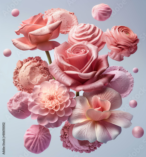 3D digital render of make-up products like face powder, highlighters and luminizers in a studio setup with roses and dahlias. Clean grey background. Minimal concept thumbnail icon. photo