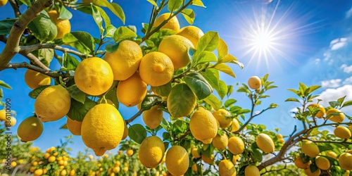 Healthy lemon tree with abundant fruits under the sunny sky in Carmona, Seville, Spain , lemon tree, healthy, fruit