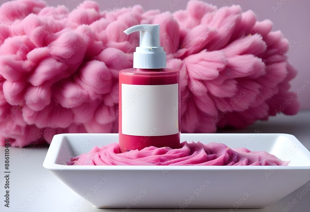 A pink polishe bottle with an empty label with no words on it, a White napkin box on the other side, on a pink background, on a White surface, also there Is a pink towel folded behind, free space A pink polishe bottle with an empty label with no words on it, a White napkin box on the other side, on a pink background, on a White surface, also there Is a pink towel folded behind, free space
