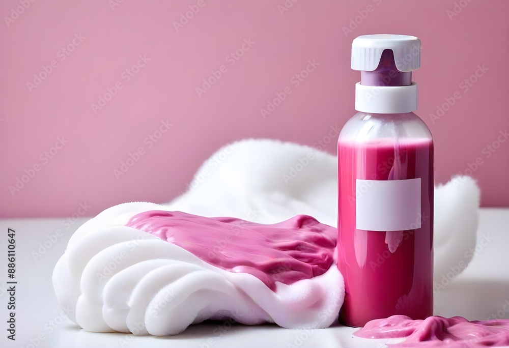 A pink polishe bottle with an empty label with no words on it, a White napkin box on the other side, on a pink background, on a White surface, also there Is a pink towel folded behind, free space A pink polishe bottle with an empty label with no words on it, a White napkin box on the other side, on a pink background, on a White surface, also there Is a pink towel folded behind, free space
