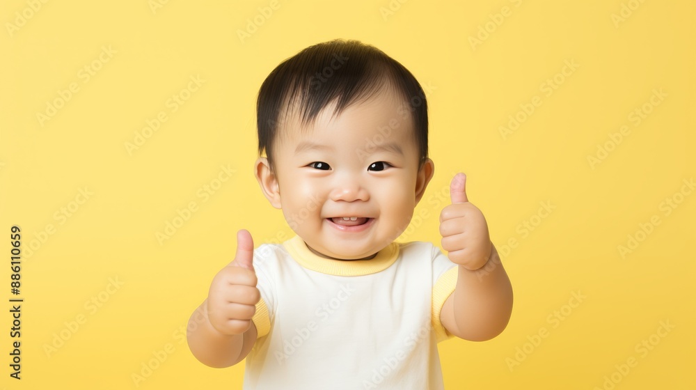 Smiling toddler giving a positive thumbs up gesture on a vibrant yellow background Smiling toddler giving a positive thumbs up gesture on a vibrant yellow background