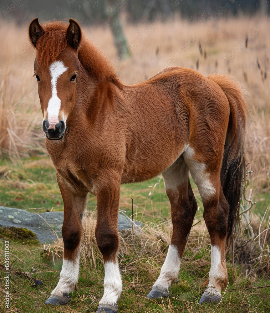 Fototapeta premium Pregnant Chestnut Horse Standing in Grassy Meadow During Daytime