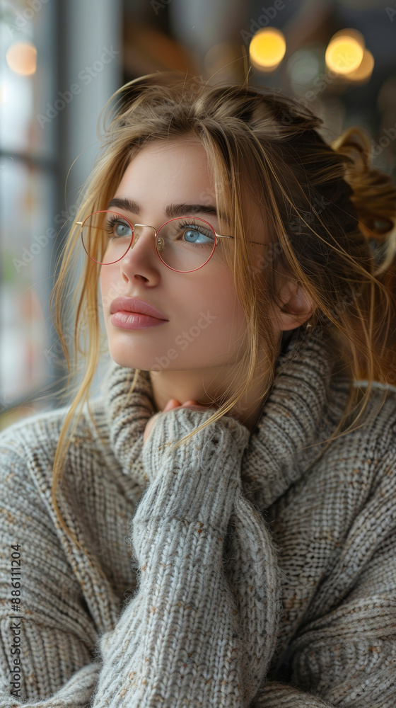 Thoughtful young woman with glasses in cozy sweater contemplating at cafe window during day, inspirational and pensive mood Thoughtful young woman with glasses in cozy sweater contemplating at cafe window during day, inspirational and pensive mood