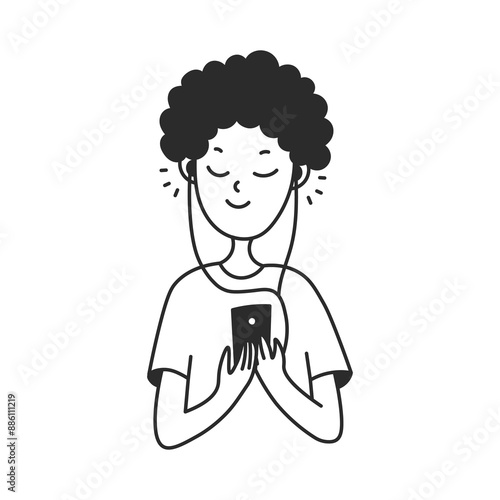 Young Man Listening to Music or Audiobook in Earphones from Smartphone. Smiling boy in headphones holding mobile phone. Cartoon line art. Doodle vector illustration.