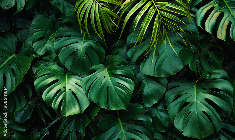 Fototapeta premium Lush Tropical Green Leaves Background with Monstera and Palm Fronds, Forest Canopy Foliage, Jungle Vegetation Texture for Nature and Botany Concepts