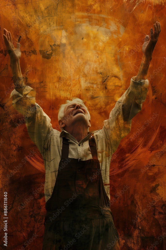 Old man stands in front of abstract background with orange and brown hues. He raises arms to sky, expressing awe or wonder. Grunge old canvas texture adds earthy atmosphere.