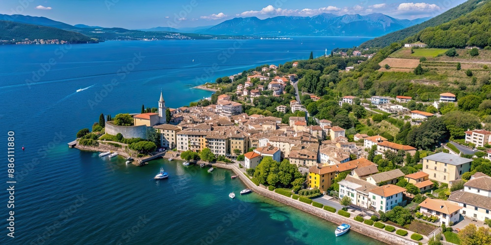 Aerial view of Castelletto di Brenzone at Garda Lake, showcasing coastline Aerial view of Castelletto di Brenzone at Garda Lake, showcasing coastline