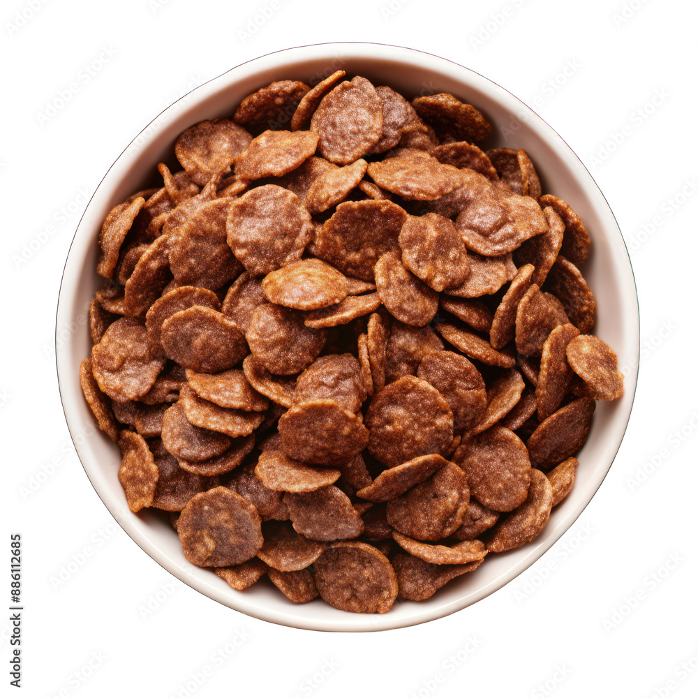 White bowl of chocolate corn flakes on transparent background White bowl of chocolate corn flakes on transparent background