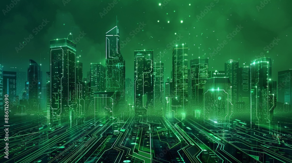Obraz premium Futuristic Smart Cyber City illustration: Innovative Urban Landscape in Digital Circuitry, futuristic technology concept, Graphic Resources, Wallpapers, Brochure, Websites, banner design, Advertising,