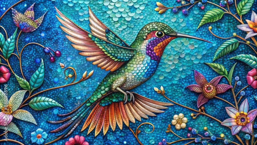 Vibrant hummingbird mosaic pattern featuring iridescent feathers and floral accents on a shimmering blue background with intricate details. Vibrant hummingbird mosaic pattern featuring iridescent feathers and floral accents on a shimmering blue background with intricate details.
